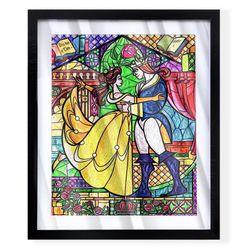 Beauty and the beast stained glass windows art piece in black frame
