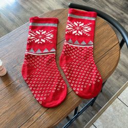 New Red, White And Grey Knitted Christmas Stockings With Snowflakes Size: 20 Inches Long X 6 Inches Wide.
