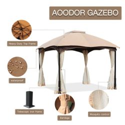 
Outdoor Steel Patio Gazebo 10'x12' w/2-Tier Vented Soft Top Canopy and Netting