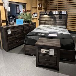 Grey Queen Bed, Dresser, Mirror And One Nightstand