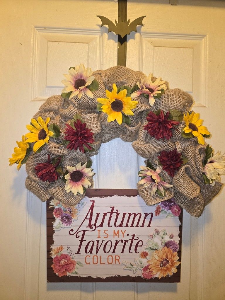 Autumn Wreath with Flowers and Burlap