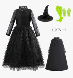 New Witch Costume for Girls, Halloween Black Witch Dress Cosplay Outfit With Cloak Hat, Size 3-4 yrs