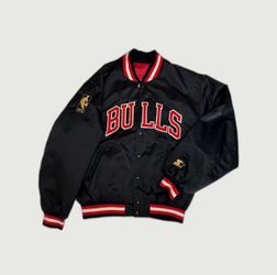 Vintage 90s Chicago Bulls Starter Satin Bomber Jacket 50th Anniversary Black L