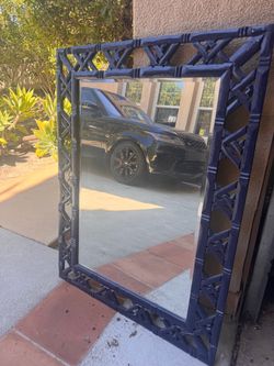 Navy Blue Faux Bamboo Lattice Wall Mirror