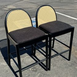 Set Of 6 Modern Black & Rattan Barstools