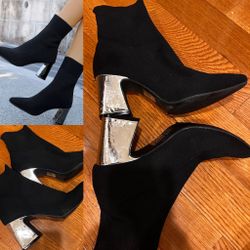 Forever 21 Knit Stretch Sock Slip on POINTED-TOE metallic heels ANKLE BOOTS 8