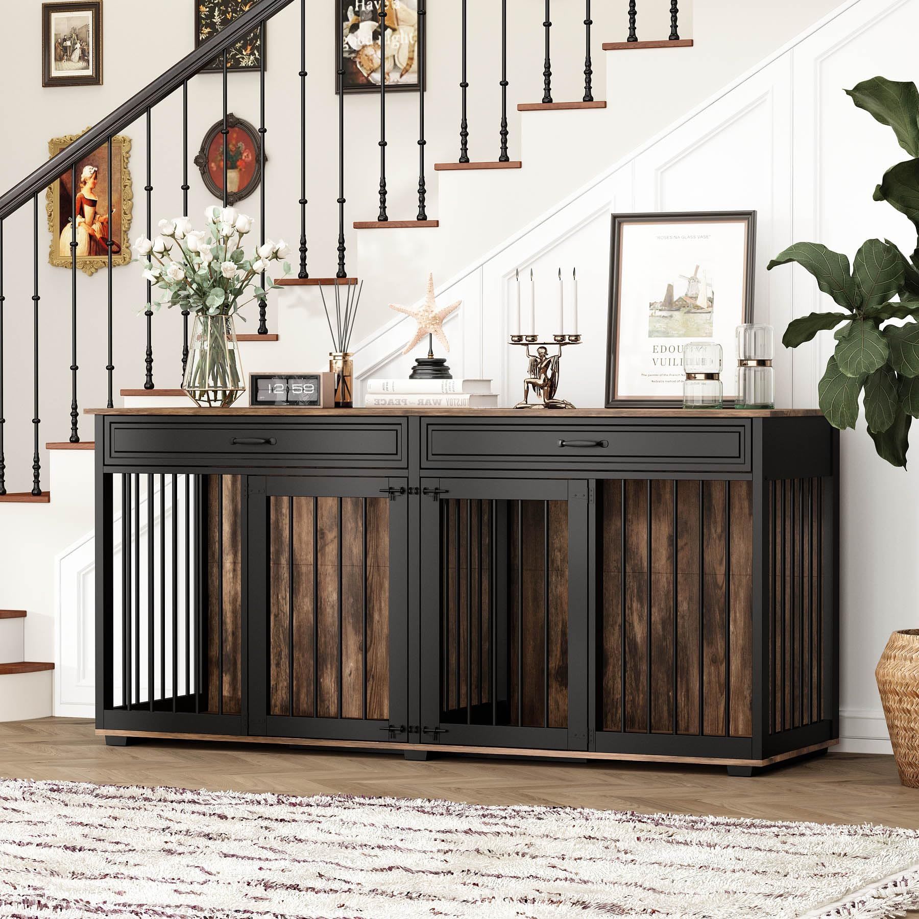 Lovinouse Large Dog Crate Furniture for 2 Dogs, 72.5" Indoor Heavy Duty Wooden Large Dog Kennel with Drawers & Divider, Indoor Furniture Style Dog Hou
