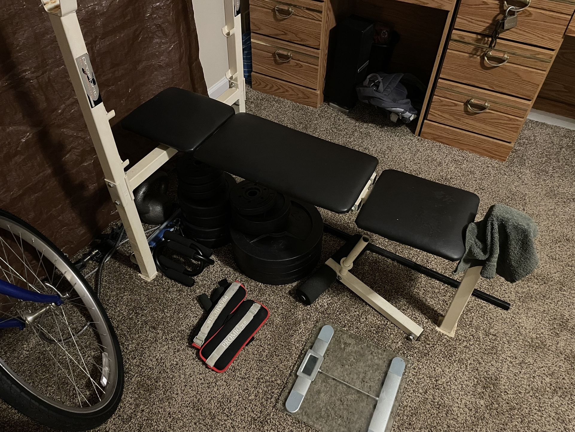 Weight Bench + Weights & Dumbbell – Good Condition!