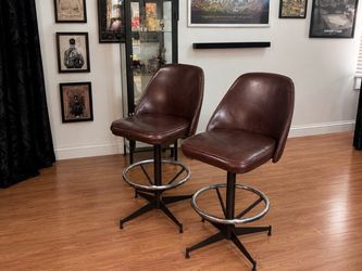 Vintage Burgundy Leather Swivel Bar Stools – Set of 2
