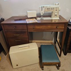 vintage mid-century modern Singer Touch & Sew sewing machine in a matching walnut sewing desk