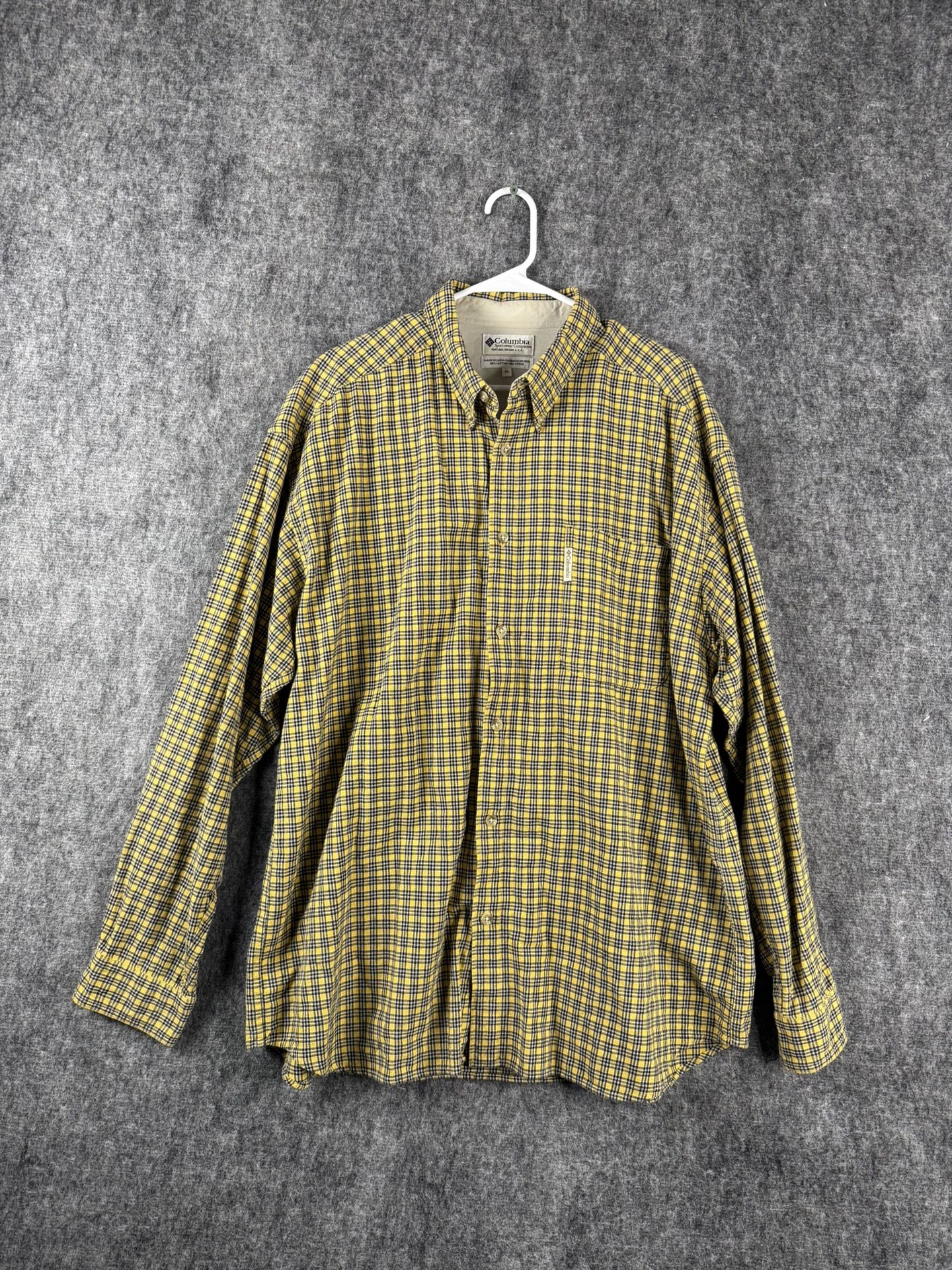 Columbia Long Sleeve Button-Up Shirt XXL Yellow Black Plaid 100% Cotton Casual Outdoor
