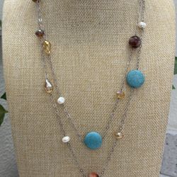 Freshwater Pearl, Natural Stones & Faceted Glass Beads Sterling Silver Long Necklace 48”.