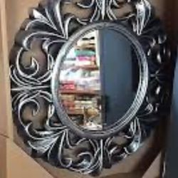 Vintage  Wood Detailed Circular Mirror ornate