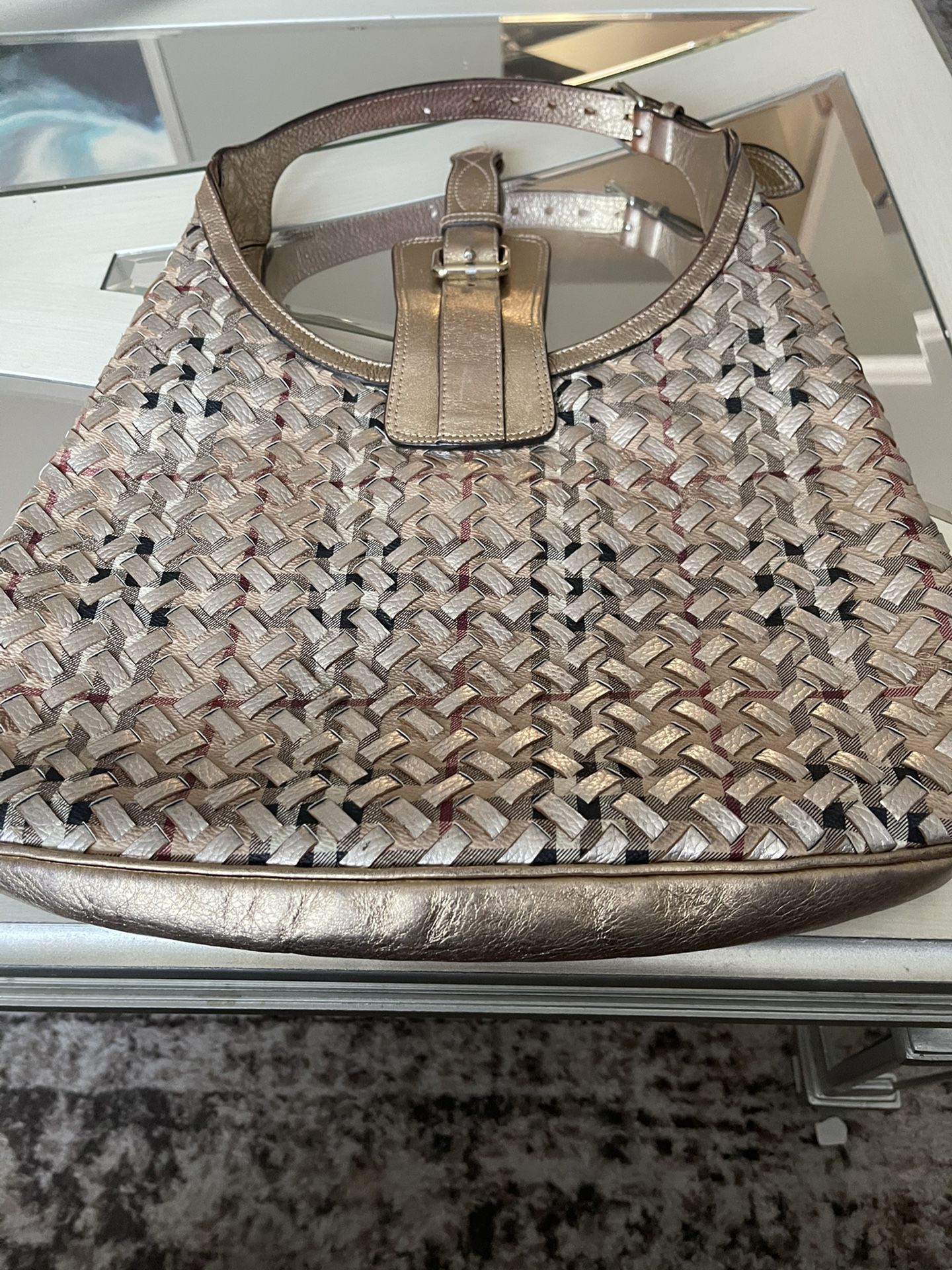 BURBERRY Gold Classic Check Woven Leather/Canvas Brook Hobo Bag. Authentic Used A few times. 