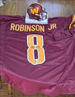 Brian Robinson Jr. #8 Signed Washington Commanders Mini Helmet &Jersey a