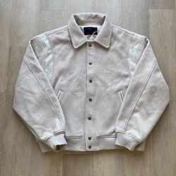 Men’s Oak and Fort Varsity Letterman Bomber Jacket in Beige/Cream/White