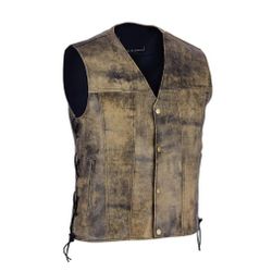 Men’s Genuine Leather Motorcycle Riding Biker Vest Classic Vintage Club Brown - 2XL