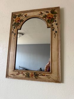 Vintage French Country Revival Hand-Painted Floral Mirror With Crackle Finish