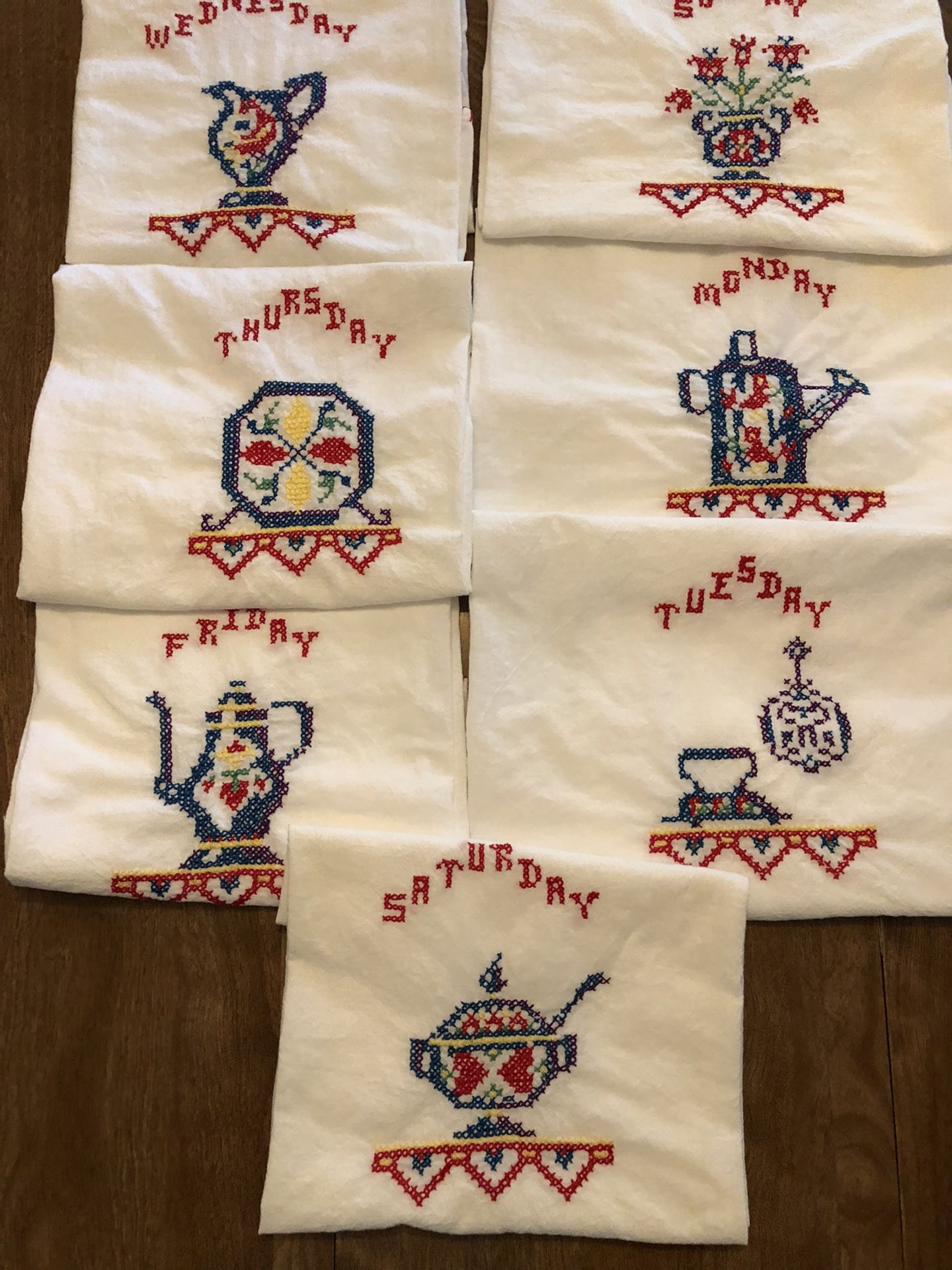 Vintage Embroidered Days Of The Week Cup Towels