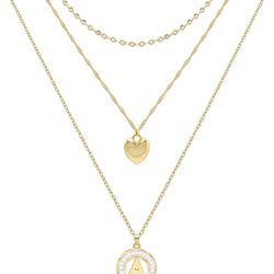 Layered Initial Necklaces for Women,Dainty Gold Necklace 16K Real Gold Plated Simple Heart Pendant CZ Diamond Initial Choker Necklace Trendy Gold Laye