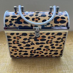 NEW Leopard Print Metal Purse Case With Handle And Shoulder Chain NWT