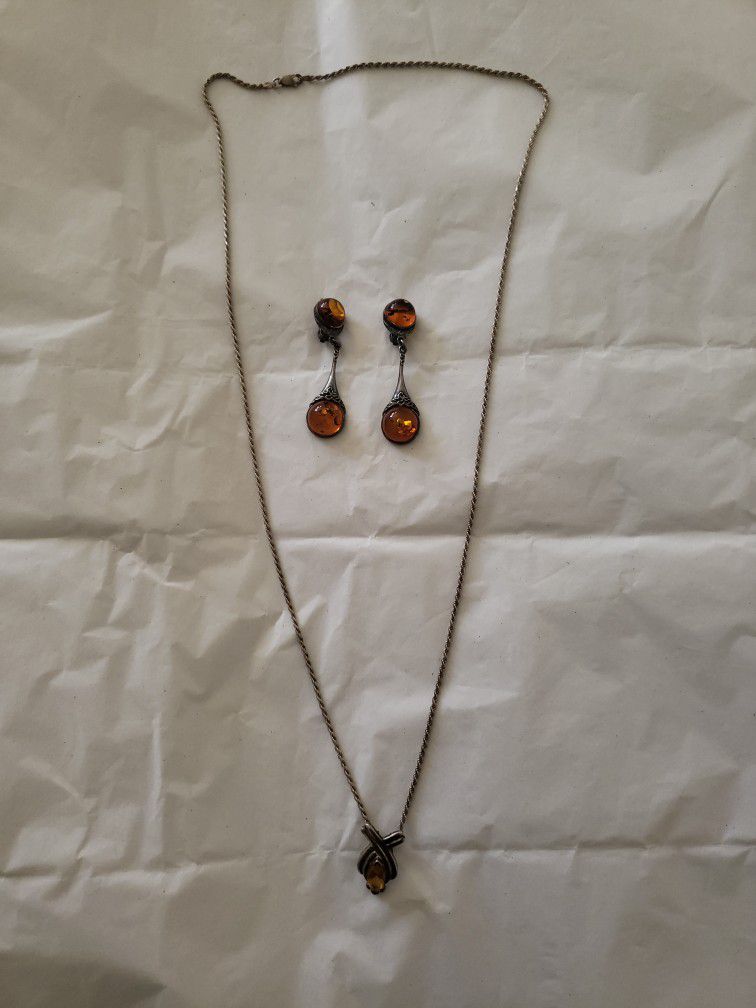 925 Silver And Amber Necklace and Earrings