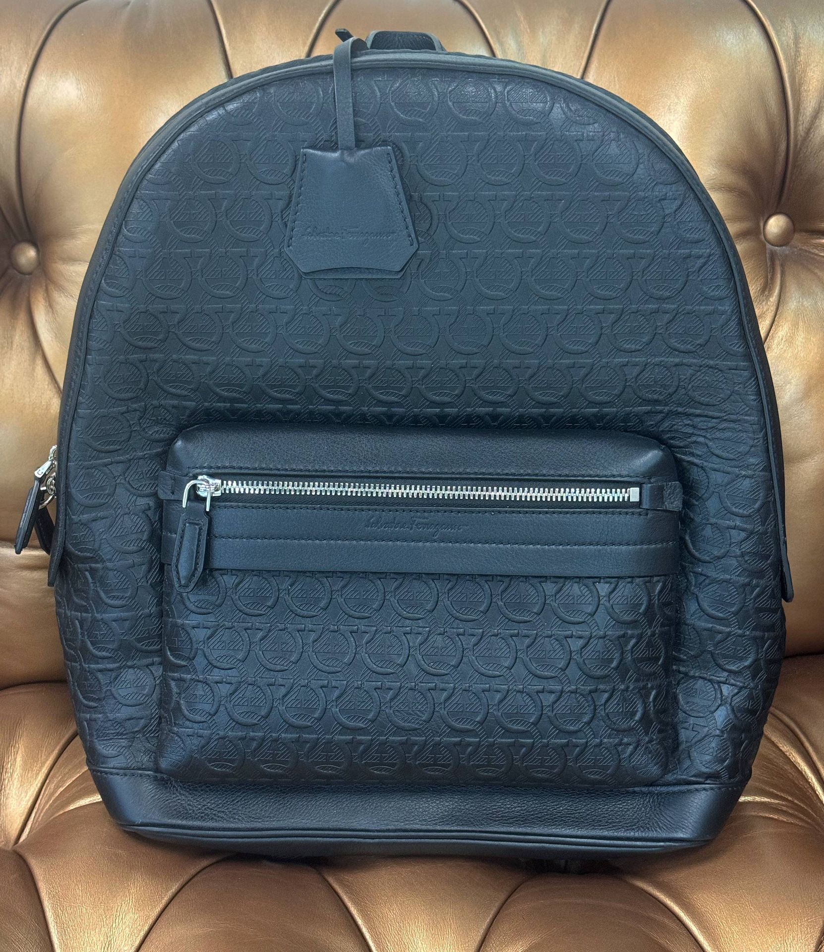NEW Salvatore Ferragamo Gancini Embossed Black Leather Backpack Black Italy Red Black Interior