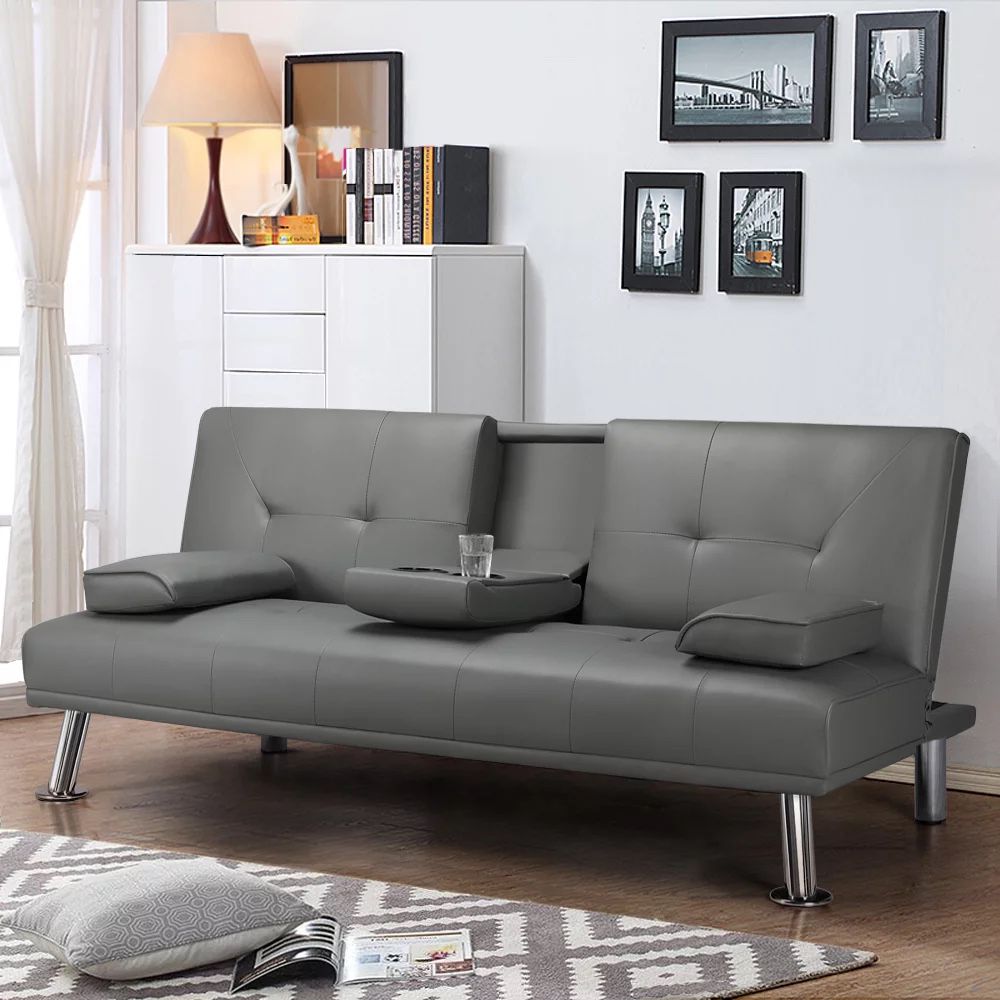 Yaheetech Modern Faux Leather Futon Sofa Bed Home Recliner Couch, Gray Gray - 66x37x15.7''(LxWxH)