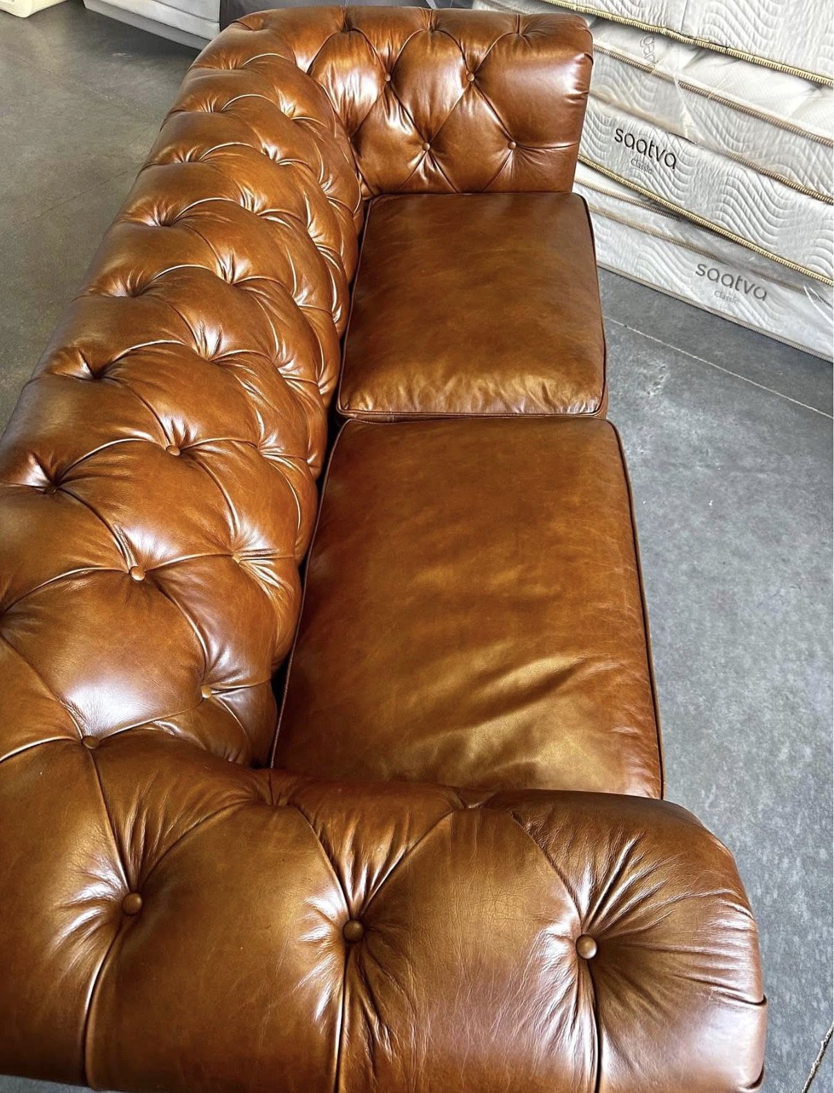 Kathy Kuo Home - Savannah Rustic Lodge Vintage Brown Leather Nailhead Trim Tufted Sofa