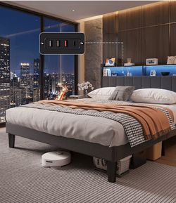 Queen Upholstered Platform Bed Frame with Charging Station and storage– No Box Spring Needed, Dark Gray. Queen memory foam 12 inch mattress included