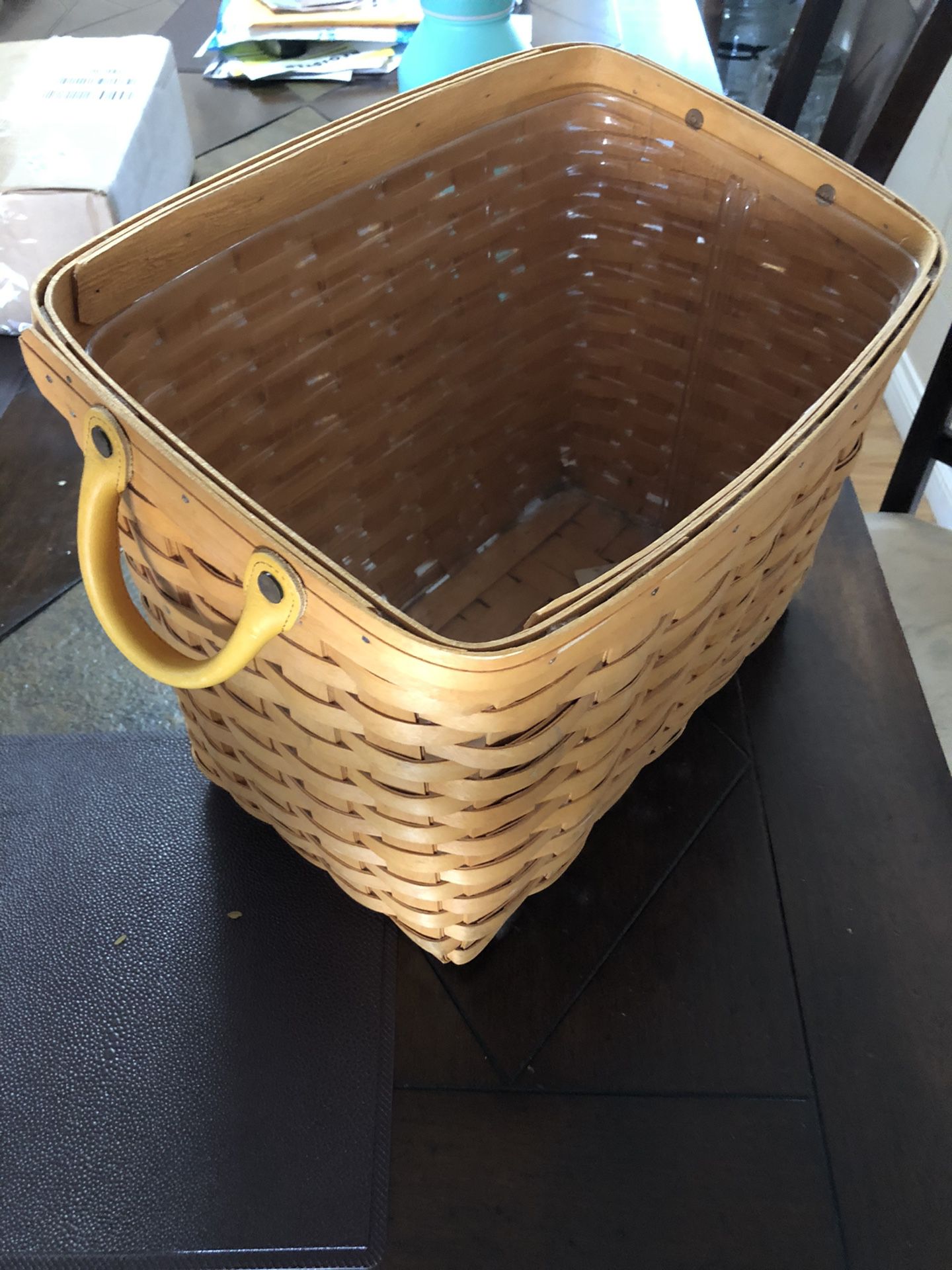Longaberger basket w/yellow handles handwoven in Ohio
