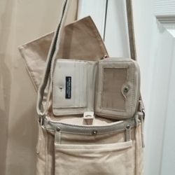 American Eagle Outfitters Tan Canvas Crossbody Satchel With Matching Wallet Set