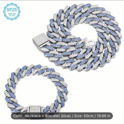 Iced Cuban Link Necklace & Bracelet Set – 925 Silver (Blue Stones)