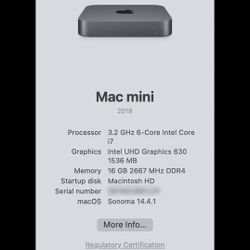 Mac Mini (Intel) - 2018 - 3.2GHz Core i7 - 16GB RAM - 500GB