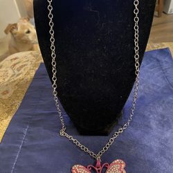 Pretty Pink Butterfly Necklace With Rhinestones. 