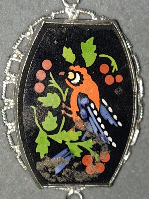 HandPainted Black Red Bird Berries Green Leaves Pendant