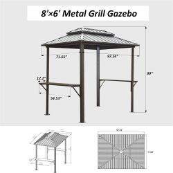 Grill Gazebo 8' × 6', Aluminum BBQ Gazebo Outdoor Metal Frame with Shelves Serving Tables, Permanent Double Roof Hard top Gazebos for Patio Lawn Deck 