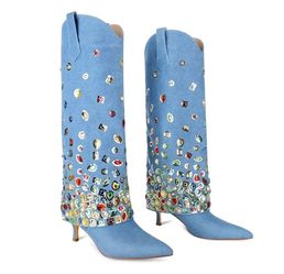 Denim Knee-High Heeled Denim Boots with Jewel Embellishments