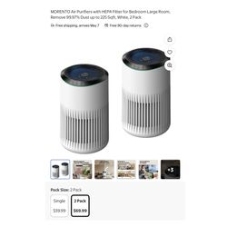 Brand new 2 Pack MORENTO Air Purifiers with HEPA Filter for Bedroom Large Room, Remove 99.97% Dust up to 225 Sqft, White  Whitestone/Flushing, Queens 
