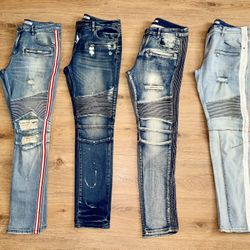 Embellish Moto Biker Jeans, Distressed Slim Fit, Ribbed Panel , Side Stripe,  Men’s