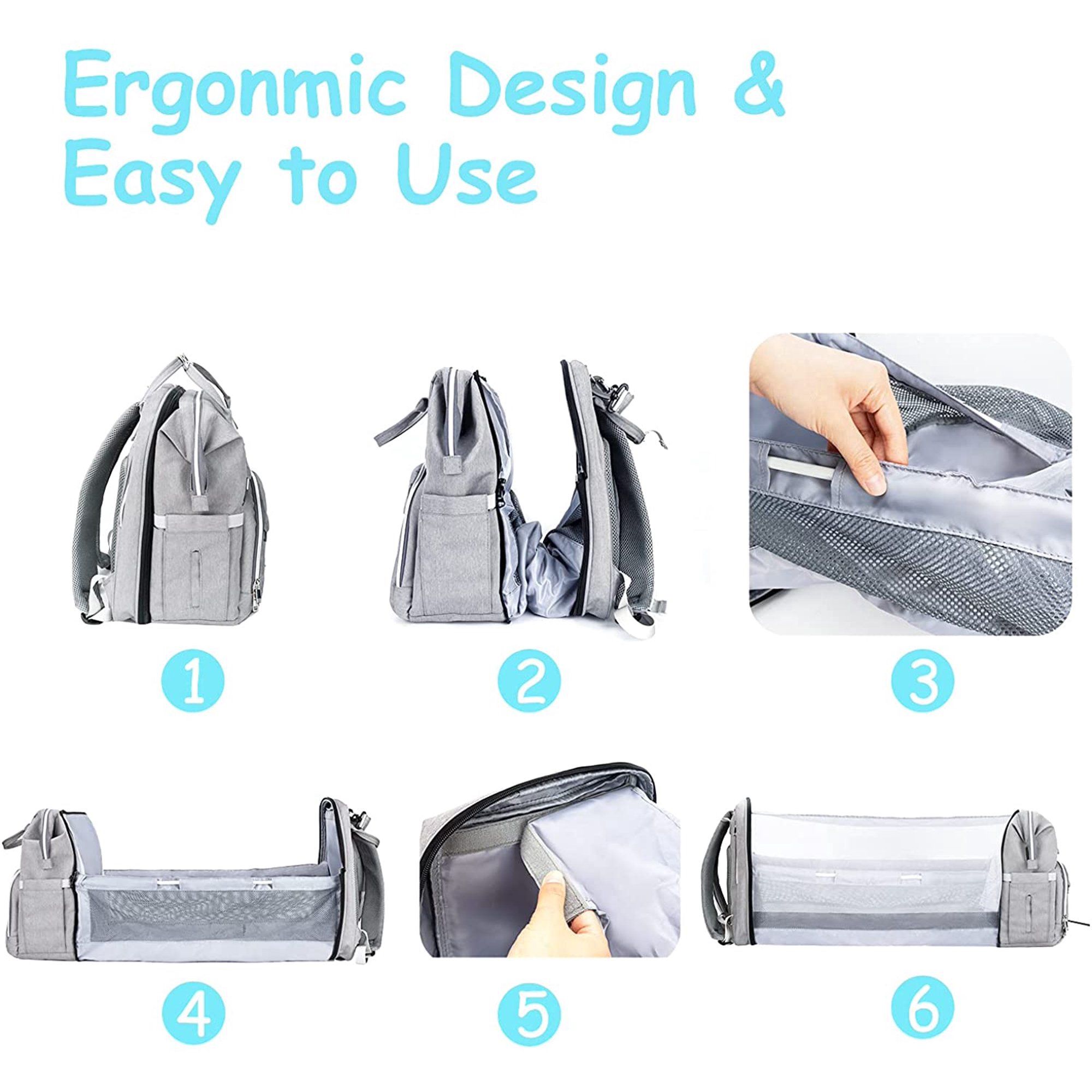 Baby Diaper Bag Backpack with Changing Station for Boy Girl, Baby Stuff Newborn Essentials Unisex Dad Mom Large Diaper Bag Bassinet Travel,Grey/Blue