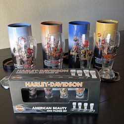 Harley Davidson collectible Pilsner glasses and mini Pilsner glasses