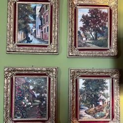 OIL ON CANVAS PAINTINGS SCENIC COTTAGE CORE GOLD VINTAGE SET OF FOUR FRAMED 17”x20” 