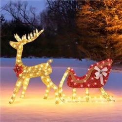 Lighted Christmas Reindeer & Sleigh Set, Pre-lit Outdoor Christmas Décor w/ 360 Warm White LED Lights For Front Yard, Porch, Indoor Decoration
