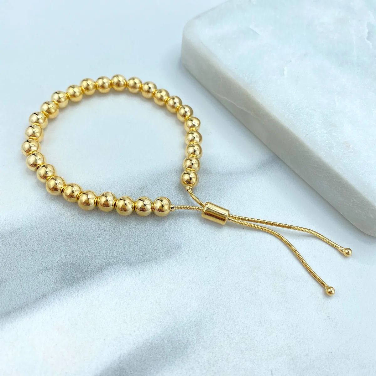 18k Gold Filled 6mm Gold Ball Adjustable Bracelet, Beaded Slide Clasp Bracelet, Stackable Design Beaded Bracelet