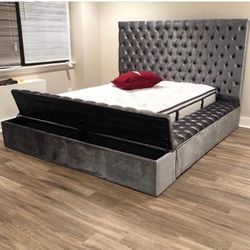 New/ Gray Velvet Queen Storage Platform Bed Frame Cama// King Size Available,  Mattress Sold Separately 