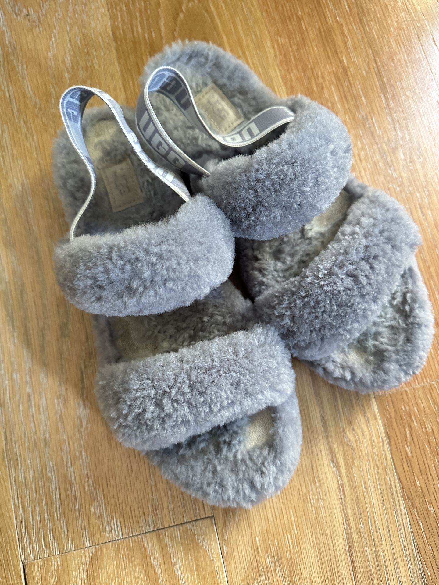 UGG Fluff Yeah Slingback Sandal Gray Logo Strap Shearling Slippers Sheepskin Sz9
