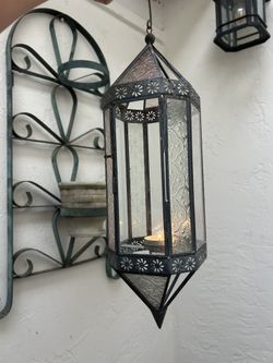 Vintage Moravian  Hanging Lantern Metal Glass Lamp Garden College Geometric 