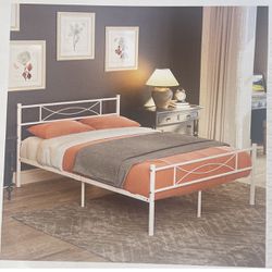 Teraves Queen Size Metal Bed Frame Bedroom Mattress Platform Foundation with Headboard(White)