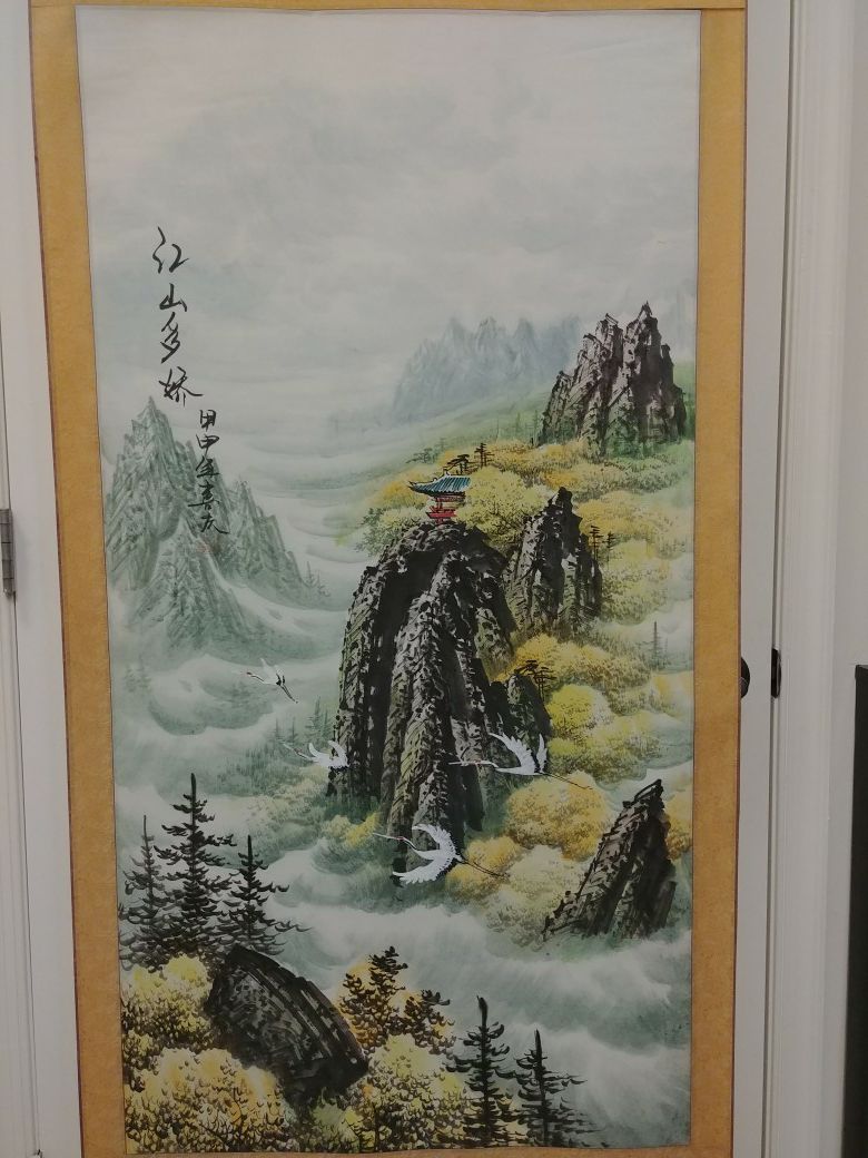 Chinese Landscape with Birds Art Scroll Painting